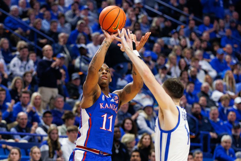 Jan 28, 2023; Lexington, Kentucky, USA; Kansas Jayhawks guard MJ Rice (11) shoots the ball during the first half against the Kentucky Wildcats at Rupp Arena at Central Bank Center. Mandatory Credit: Jordan Prather-USA TODAY Sports