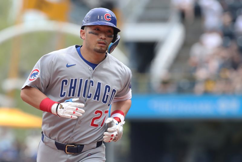 May 1, 2025; Pittsburgh, Pennsylvania, USA;  Chicago Cubs designated hitter Seiya Suzuki (27) circles the bases on his second home run of the game this one a two run home run against the Pittsburgh Pirates during the seventh inning at PNC Park. Mandatory Credit: Charles LeClaire-Imagn Images