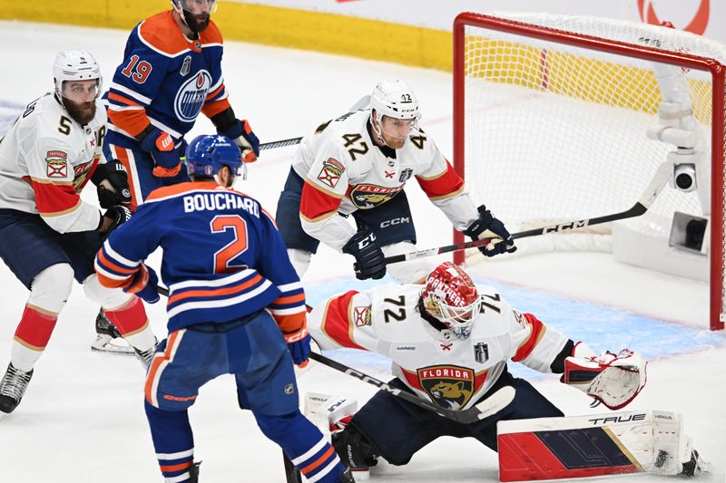 Jun 13, 2024; Edmonton, Alberta, CAN; Florida Panthers goaltender Sergei Bobrovsky (72) makes a save on Edmonton Oilers defenseman Evan Bouchard (2) in the second period in game three of the 2024 Stanley Cup Final at Rogers Place. Mandatory Credit: Walter Tychnowicz-USA TODAY Sports