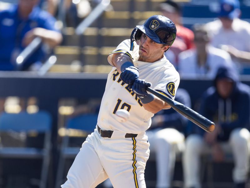Feb 27, 2026; Phoenix, Arizona, USA; Milwaukee Brewers outfielder Sal Frelick against the Chicago White Sox during a spring training game at American Family Fields of Phoenix. Mandatory Credit: Mark J. Rebilas-Imagn Images