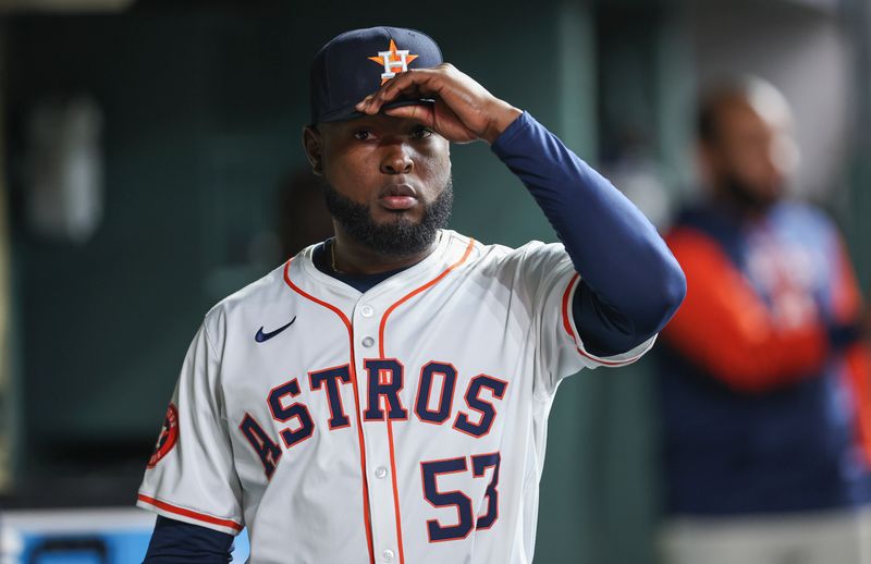 May 16, 2024; Houston, Texas, USA; Houston Astros starting pitcher Cristian Javier (53) walks in the dugout before the game against the Oakland Athletics at Minute Maid Park. Mandatory Credit: Troy Taormina-USA TODAY Sports