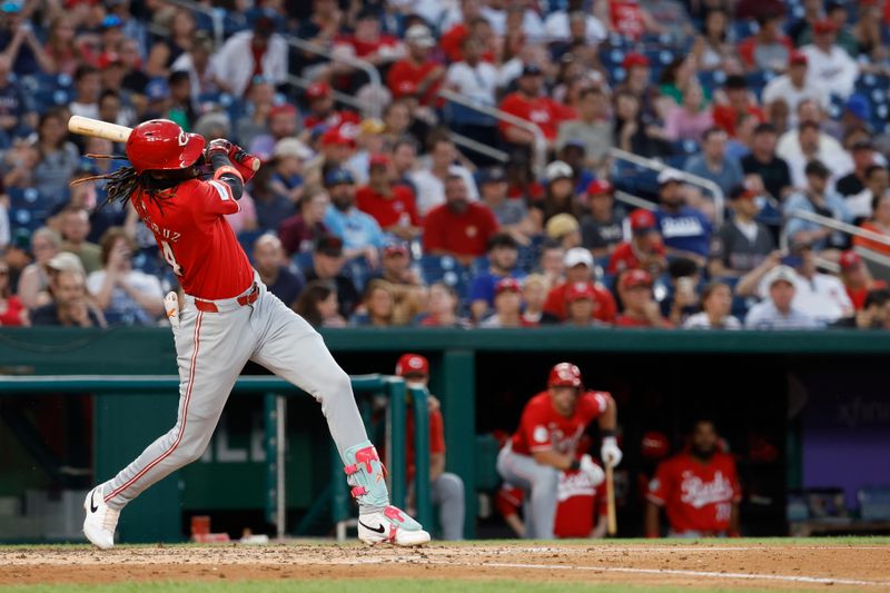 Jul 19, 2024; Washington, District of Columbia, USA; Cincinnati Reds shortstop Elly De La Cruz (44) singles against the Washington Nationals during the sixth inning at Nationals Park. Mandatory Credit: Geoff Burke-USA TODAY Sports