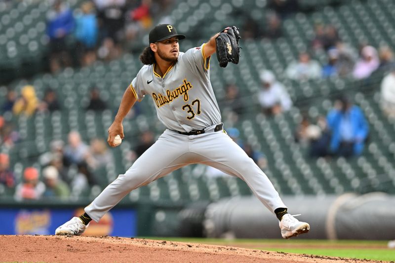 May 29, 2024; Detroit, Michigan, USA;  Pittsburgh Pirates pitcher Jared Jones (37) throws a pitch against the Detroit Tigers in the first inning at Comerica Park. Mandatory Credit: Lon Horwedel-USA TODAY Sports