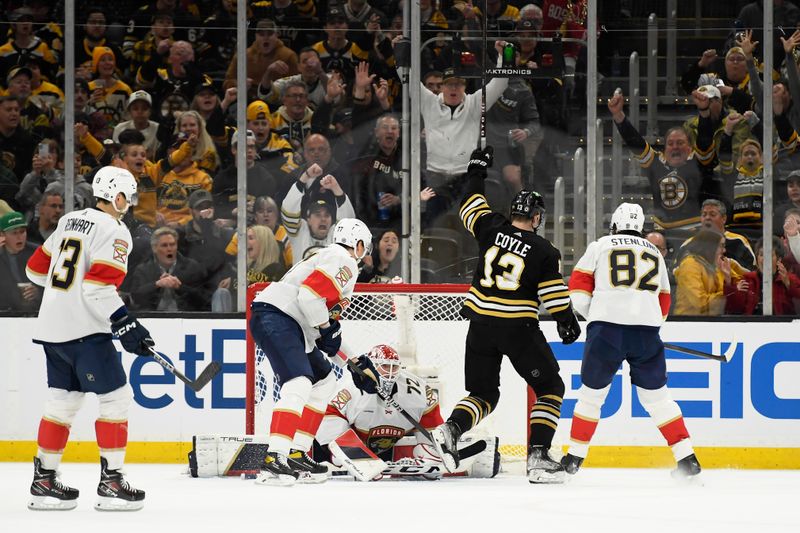 Apr 6, 2024; Boston, Massachusetts, USA; Boston Bruins center Charlie Coyle (13) reacts after scoring a goal past Florida Panthers goaltender Sergei Bobrovsky (72) during the second period at TD Garden. Mandatory Credit: Bob DeChiara-USA TODAY Sports