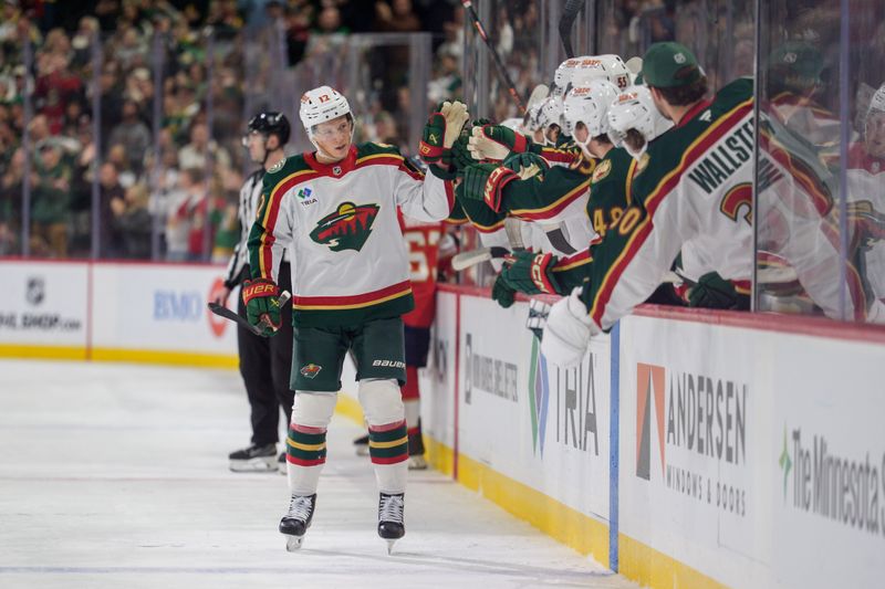 Jan 24, 2026; Saint Paul, Minnesota, USA; Minnesota Wild left wing Matt Boldy (12) celebrates after scoring against the Florida Panthers in the third period at Grand Casino Arena. Mandatory Credit: Matt Blewett-Imagn Images