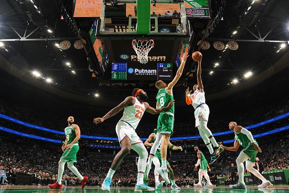 BOSTON, MA - DECEMBER 8: RJ Barrett #9 of the New York Knicks goes to the basket during the game on December 8, 2023 at the TD Garden in Boston, Massachusetts. NOTE TO USER: User expressly acknowledges and agrees that, by downloading and or using this photograph, User is consenting to the terms and conditions of the Getty Images License Agreement. Mandatory Copyright Notice: Copyright 2023 NBAE  (Photo by Brian Babineau/NBAE via Getty Images)