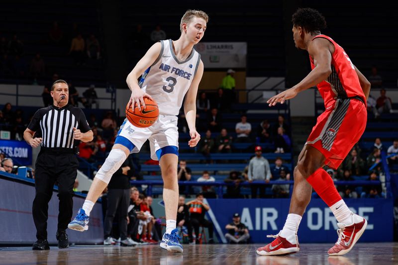 Feb 10, 2023; Colorado Springs, Colorado, USA; Air Force Falcons guard Jake Heidbreder (3) controls the ball against New Mexico Lobos guard Jamal Mashburn Jr. (5) in the second half at Clune Arena. Mandatory Credit: Isaiah J. Downing-USA TODAY Sports