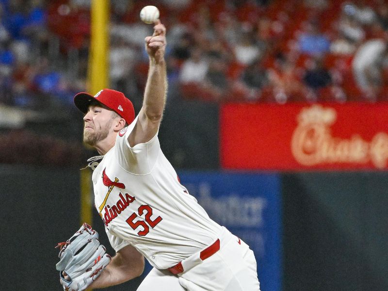 Sep 11, 2024; St. Louis, Missouri, USA;  St. Louis Cardinals relief pitcher Matthew Liberatore (52) pitches against the Cincinnati Reds during the seventh inning at Busch Stadium. Mandatory Credit: Jeff Curry-Imagn Images