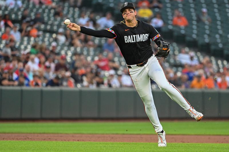 Aug 14, 2024; Baltimore, Maryland, USA;  Baltimore Orioles right fielder Austin Slater (15) throws to first base after fielding a second inning ground ball against the Washington Nationals at Oriole Park at Camden Yards. Mandatory Credit: Tommy Gilligan-USA TODAY Sports