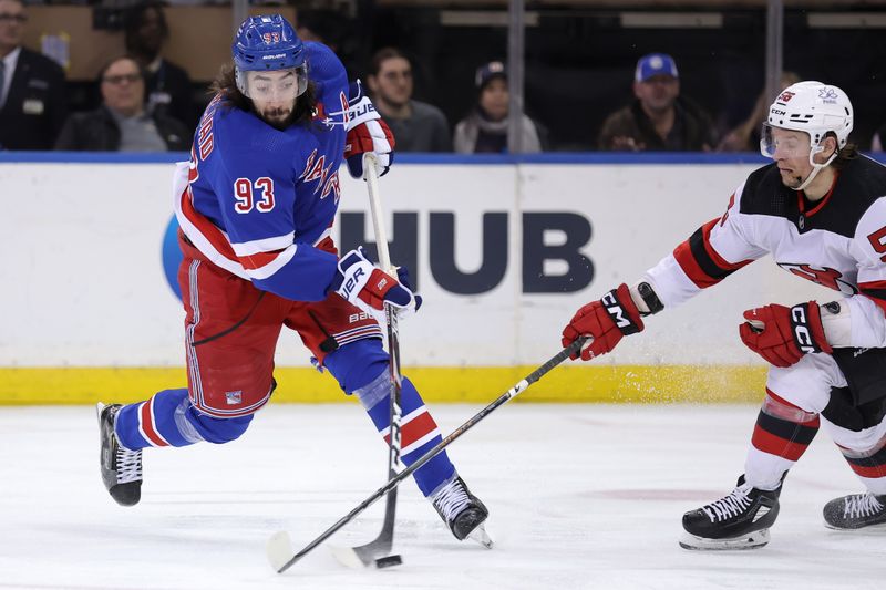 Mar 11, 2024; New York, New York, USA; New York Rangers center Mika Zibanejad (93) takes a shot against New Jersey Devils left wing Erik Haula (56) during the third period at Madison Square Garden. Mandatory Credit: Brad Penner-USA TODAY Sports