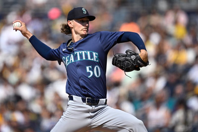 Jul 10, 2024; San Diego, California, USA; Seattle Mariners starting pitcher Bryce Miller (50) pitches against the San Diego Padres during the first inning at Petco Park. Mandatory Credit: Orlando Ramirez-USA TODAY Sports