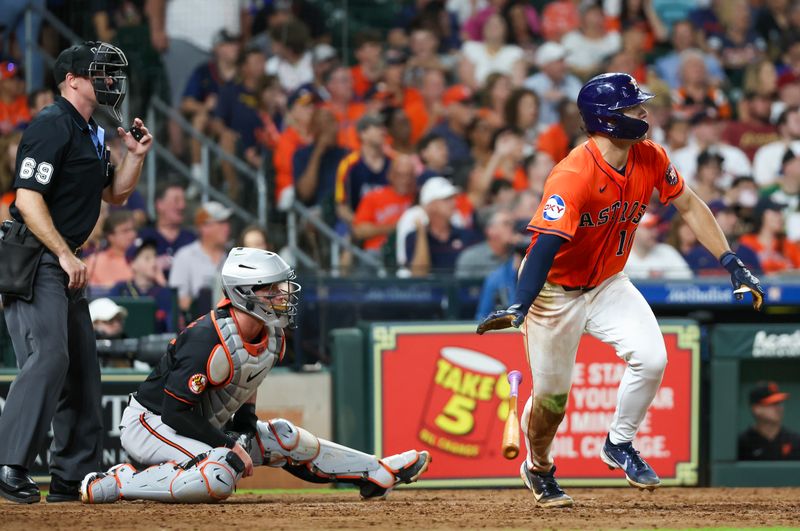 Jun 21, 2024; Houston, Texas, USA; Houston Astros left fielder Joey Loperfido (10) hits a two run RBI double against the Baltimore Orioles in the sixth inning at Minute Maid Park. Mandatory Credit: Thomas Shea-USA TODAY Sports