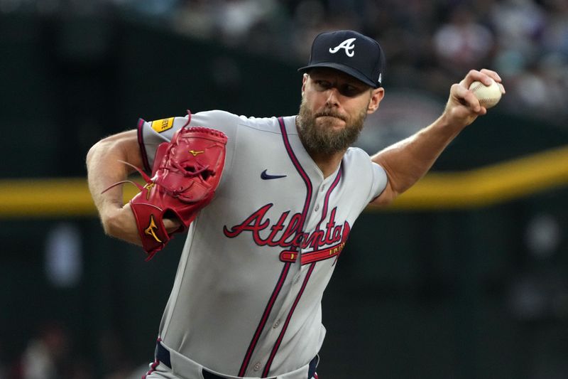 Apr 25, 2025; Phoenix, Arizona, USA; Atlanta Braves pitcher Chris Sale (51) throws against the Arizona Diamondbacks in the first inning at Chase Field. Mandatory Credit: Rick Scuteri-Imagn Images