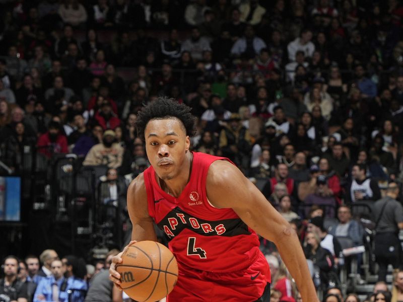 TORONTO, CANADA - FEBRUARY 14: Scottie Barnes #4 of the Toronto Raptors handles the ball during the game against the Indiana Pacers on February 14, 2024 at the Scotiabank Arena in Toronto, Ontario, Canada.  NOTE TO USER: User expressly acknowledges and agrees that, by downloading and or using this Photograph, user is consenting to the terms and conditions of the Getty Images License Agreement.  Mandatory Copyright Notice: Copyright 2024 NBAE (Photo by Mark Blinch/NBAE via Getty Images)