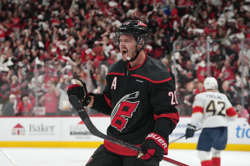 May 20, 2025; Raleigh, North Carolina, USA; Carolina Hurricanes forward Sebastian Aho (20) celebrates scoring against Carolina Hurricanes during the first period in game one of the Eastern Conference Final of the 2025 Stanley Cup Playoffs at Lenovo Center. Mandatory Credit: James Guillory-Imagn Images