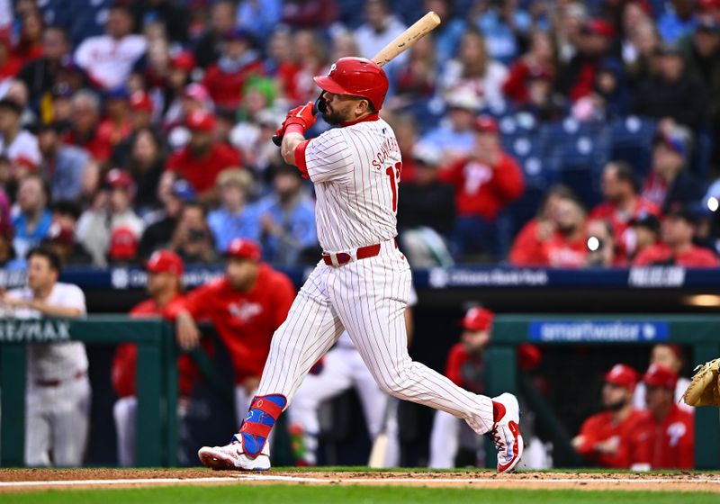 Apr 17, 2024; Philadelphia, Pennsylvania, USA; Philadelphia Phillies designated hitter Kyle Schwarber (12) hits a home run against the Colorado Rockies in the first inning at Citizens Bank Park. Mandatory Credit: Kyle Ross-USA TODAY Sports