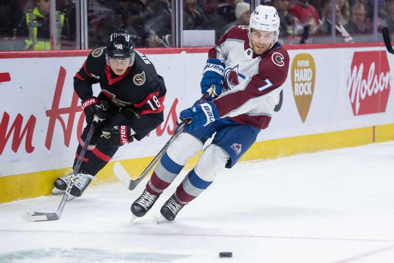 Jan 16, 2024; Ottawa, Ontario, CAN; Colorado Avalanche defenseman Devon Toews (7) skates with the puck in front of Ottawa Senators center Tim Stutzle (18) in the first period at the Canadian Tire Centre. Mandatory Credit: Marc DesRosiers-USA TODAY Sports