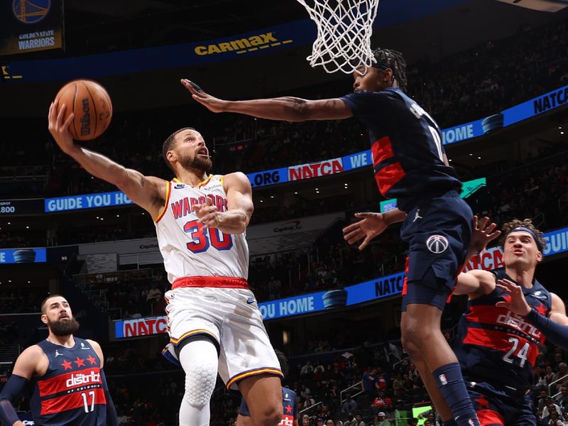 WASHINGTON, DC -? NOVEMBER 04:  Stephen Curry #30 of the Golden State Warriors shoots the ball during the game against the Washington Wizards on November 04 2024 at Capital One Arena in Washington, DC. NOTE TO USER: User expressly acknowledges and agrees that, by downloading and or using this Photograph, user is consenting to the terms and conditions of the Getty Images License Agreement. Mandatory Copyright Notice: Copyright 2024 NBAE (Photo by Kenny Giarla/NBAE via Getty Images)