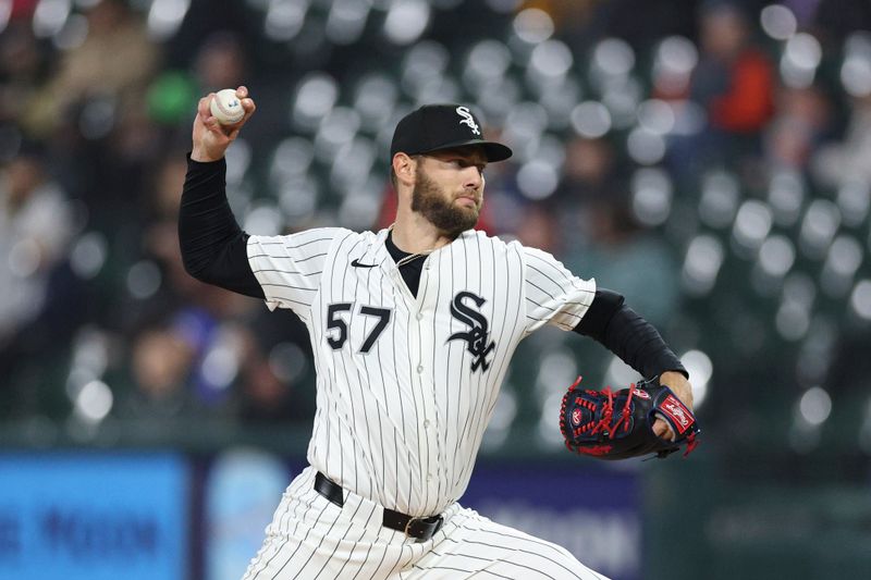 May 20, 2025; Chicago, Illinois, USA; Chicago White Sox starting pitcher Adrian Houser (57) delivers a pitch against the Seattle Mariners during the first inning at Rate Field. Mandatory Credit: Kamil Krzaczynski-Imagn Images