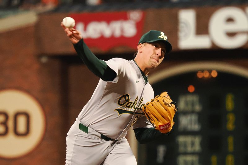 Jul 31, 2024; San Francisco, California, USA; Oakland Athletics Relief pitcher Gerardo Reyes (92) pitches against the San Francisco Giants during the eighth inning at Oracle Park. Mandatory Credit: Kelley L Cox-USA TODAY Sports