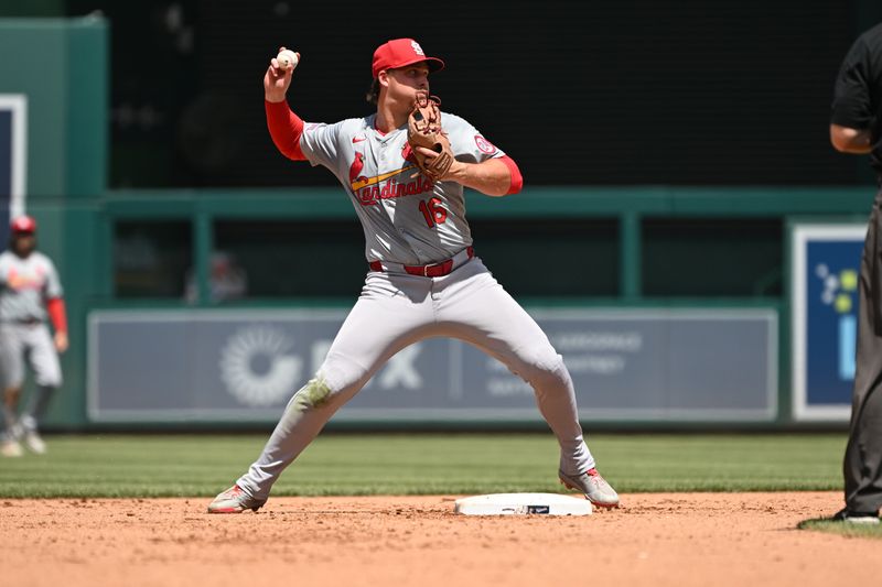 Jul 7, 2024; Washington, District of Columbia, USA; St. Louis Cardinals second baseman Nolan Gorman (16) prepares to throw to first base to finish a double play against the Washington Nationals during the fourth inning at Nationals Park. Mandatory Credit: Rafael Suanes-USA TODAY Sports