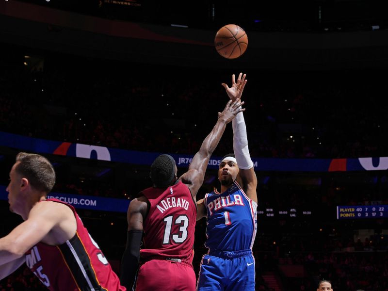 PHILADELPHIA, PA - MARCH 18: Kenyon Martin Jr. #1 of the Philadelphia 76ers shoots the ball during the game against the Miami Heat on March 18, 2024 at the Wells Fargo Center in Philadelphia, Pennsylvania NOTE TO USER: User expressly acknowledges and agrees that, by downloading and/or using this Photograph, user is consenting to the terms and conditions of the Getty Images License Agreement. Mandatory Copyright Notice: Copyright 2024 NBAE (Photo by Jesse D. Garrabrant/NBAE via Getty Images)