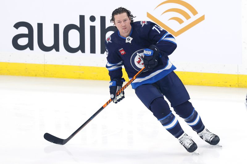 Mar 11, 2024; Winnipeg, Manitoba, CAN; Winnipeg Jets right wing Tyler Toffoli (73) warms up before a game against the Washington Capitals at Canada Life Centre. Mandatory Credit: James Carey Lauder-USA TODAY Sports