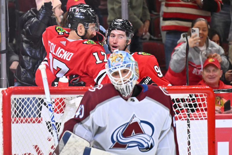 Dec 19, 2023; Chicago, Illinois, USA; Chicago Blackhawks forward Nick Foligno (17) celebrates with forward Tyler Johnson (90) after Johnson scored a power play goal in the third period against the Colorado Avalanche at United Center. Mandatory Credit: Jamie Sabau-USA TODAY Sports