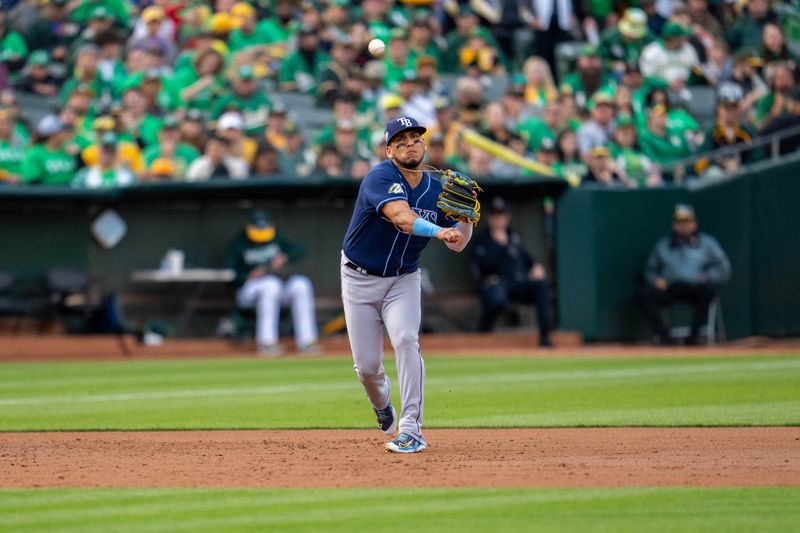 Jun 13, 2023; Oakland, California, USA; Tampa Bay Rays third baseman Isaac Paredes (17) throws out Oakland Athletics center fielder Esteury Ruiz (not pictured) during the third inning at Oakland-Alameda County Coliseum. Mandatory Credit: Neville E. Guard-USA TODAY Sports