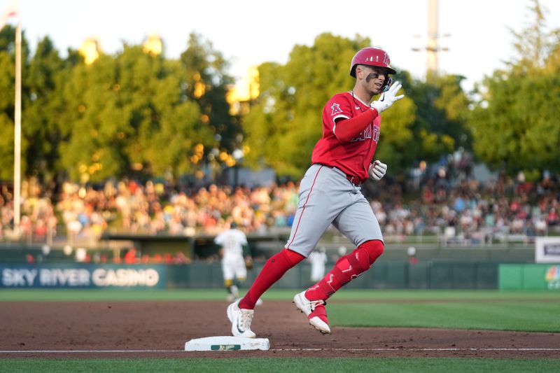 May 21, 2025; West Sacramento, California, USA; Los Angeles Angels shortstop Zach Neto (9) rounds third base after hitting a two-run home run against the Athletics in the third inning at Sutter Health Park. Mandatory Credit: Cary Edmondson-Imagn Images