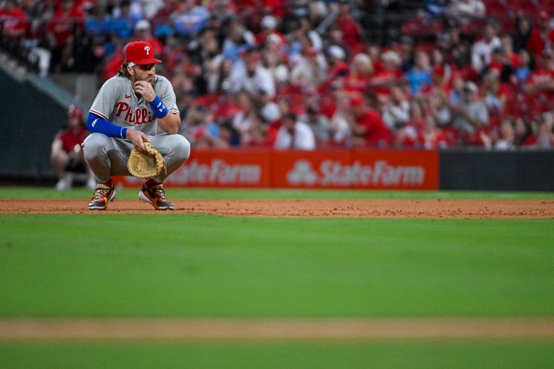 Sep 16, 2023; St. Louis, Missouri, USA;  Philadelphia Phillies first baseman Bryce Harper (3) looks on as he watch for a mound visit to end during the third inning against the St. Louis Cardinals at Busch Stadium. Mandatory Credit: Jeff Curry-USA TODAY Sports