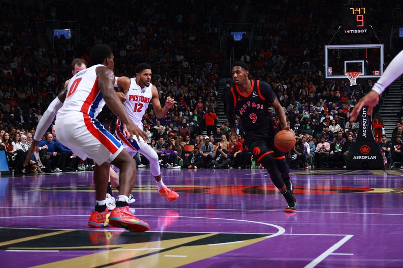 TORONTO, CANADA - NOVEMBER 15: RJ Barrett #9 of the Toronto Raptors handles the ball during the game against the Detroit Pistons during the Emirates NBA Cup game on November 15, 2024 at the Scotiabank Arena in Toronto, Ontario, Canada.  NOTE TO USER: User expressly acknowledges and agrees that, by downloading and or using this Photograph, user is consenting to the terms and conditions of the Getty Images License Agreement.  Mandatory Copyright Notice: Copyright 2024 NBAE (Photo by Vaughn Ridley/NBAE via Getty Images)