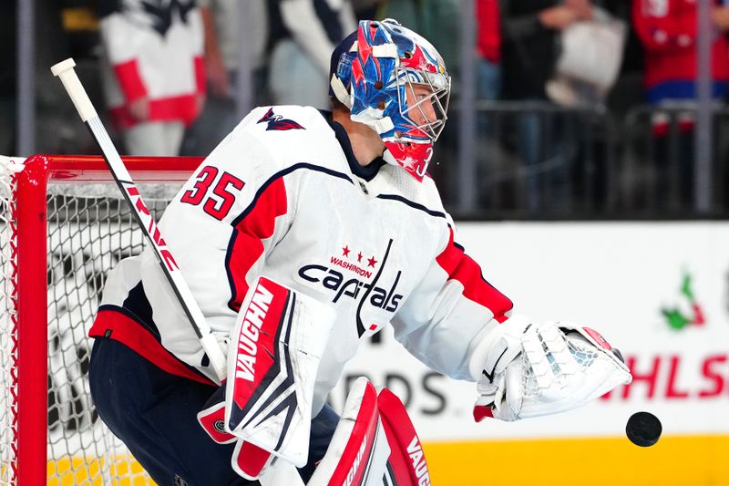 Dec 2, 2023; Las Vegas, Nevada, USA; Washington Capitals goaltender Darcy Kuemper (35) warms up before a game against the Vegas Golden Knights at T-Mobile Arena. Mandatory Credit: Stephen R. Sylvanie-USA TODAY Sports