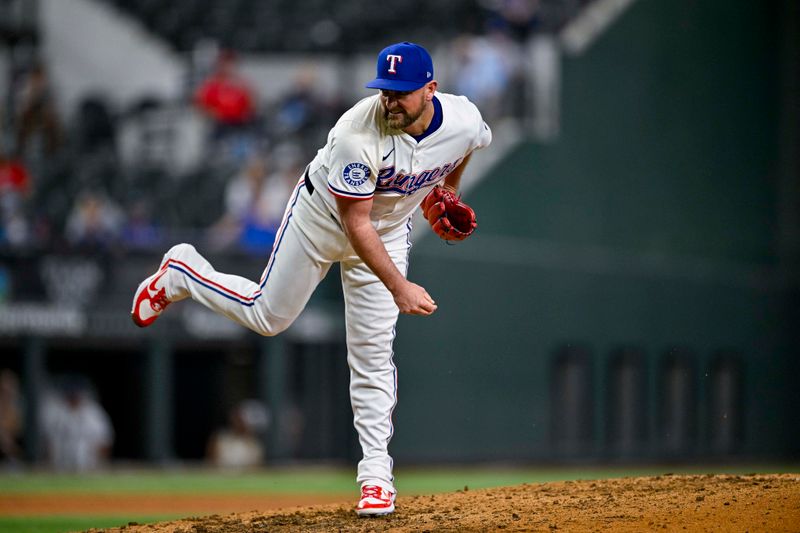 Sep 5, 2024; Arlington, Texas, USA; Texas Rangers relief pitcher Kirby Yates (39) pitches against the Los Angeles Angels during the game at Globe Life Field. Mandatory Credit: Jerome Miron-Imagn Images