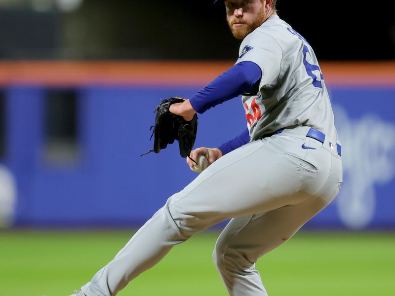 May 23, 2025; New York City, New York, USA; Los Angeles Dodgers relief pitcher Matt Sauer (64) pitches against the New York Mets during the third inning at Citi Field. Mandatory Credit: Brad Penner-Imagn Images
