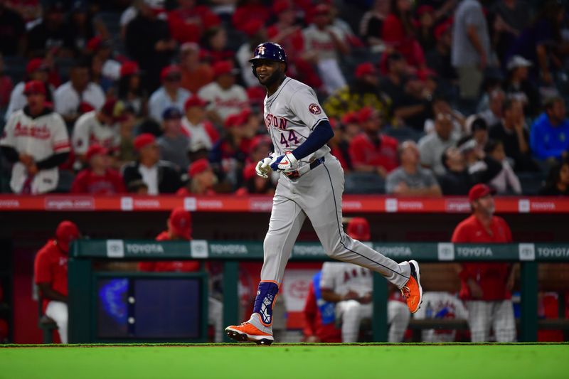 Sep 13, 2024; Anaheim, California, USA; Houston Astros designated hitter Yordan Alvarez (44) runs the bases after hitting a solo home run against the Los Angeles Angels during the ninth inning at Angel Stadium. Mandatory Credit: Gary A. Vasquez-Imagn Images