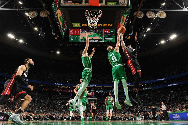 BOSTON, MA - APRIL 24: Bam Adebayo #13 of the Miami Heat goes to the basket during the game against the Boston Celtics during Round 1 Game 2 of the 2024 NBA Playoffs on April 24, 2024 at the TD Garden in Boston, Massachusetts. NOTE TO USER: User expressly acknowledges and agrees that, by downloading and or using this photograph, User is consenting to the terms and conditions of the Getty Images License Agreement. Mandatory Copyright Notice: Copyright 2024 NBAE  (Photo by Brian Babineau/NBAE via Getty Images)