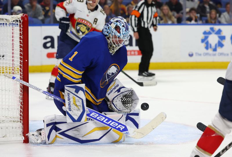 Oct 28, 2024; Buffalo, New York, USA;  Buffalo Sabres goaltender Ukko-Pekka Luukkonen (1) makes a glove save during the third period against the Florida Panthers at KeyBank Center. Mandatory Credit: Timothy T. Ludwig-Imagn Images