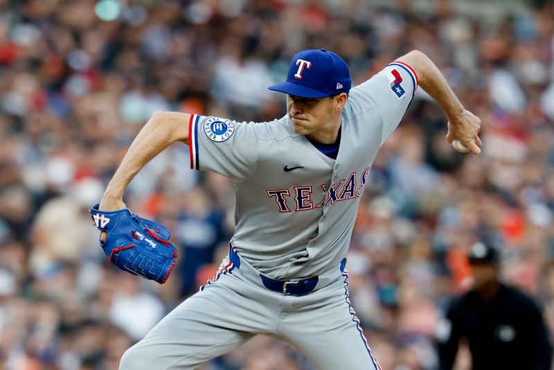May 10, 2025; Detroit, Michigan, USA;  Texas Rangers relief pitcher Hoby Milner (41) pitches in the sixth inning against the Detroit Tigers at Comerica Park. Mandatory Credit: Rick Osentoski-Imagn Images