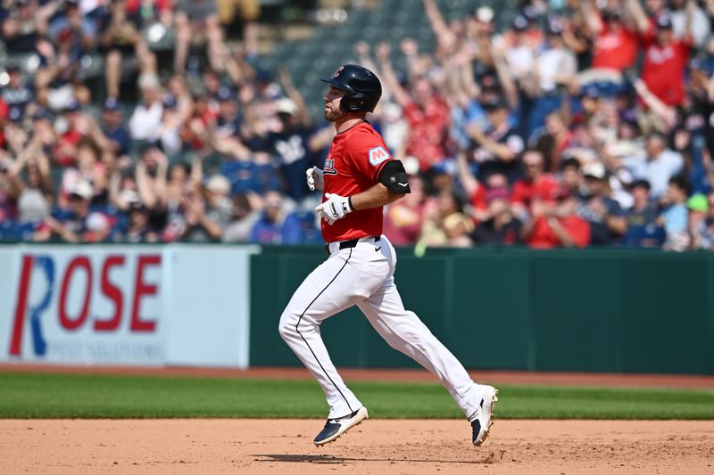 Aug 25, 2024; Cleveland, Ohio, USA; Cleveland Guardians designated hitter David Fry (6) rounds the bases after hitting a home run during the eighth inning against the Texas Rangers at Progressive Field. Mandatory Credit: Ken Blaze-USA TODAY Sports