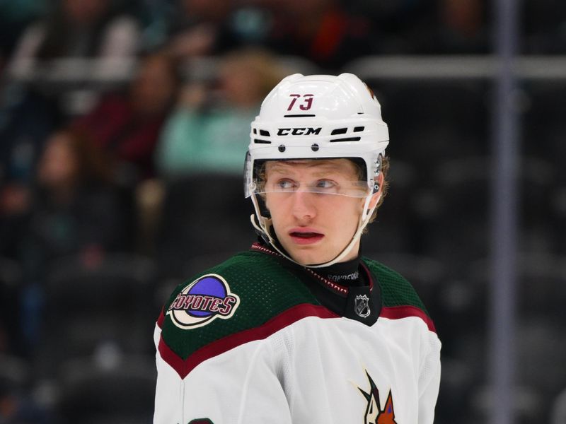 Apr 9, 2024; Seattle, Washington, USA; Arizona Coyotes center Jan Jenik (73) during the second period against the Seattle Kraken at Climate Pledge Arena. Mandatory Credit: Steven Bisig-USA TODAY Sports