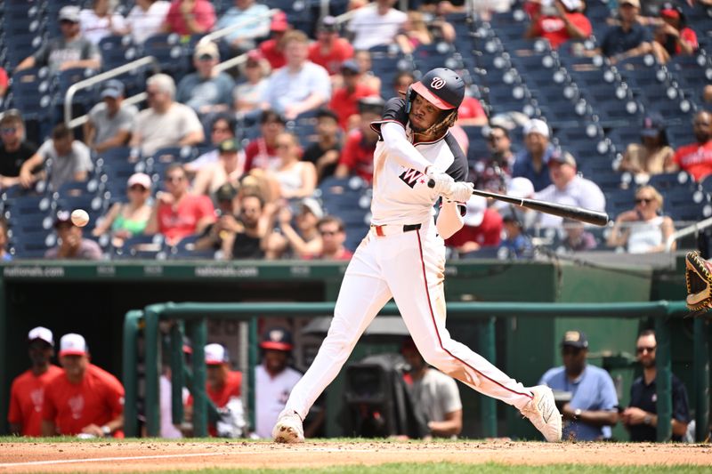 Aug 4, 2024; Washington, District of Columbia, USA; Washington Nationals center fielder James Wood (29) takes a swing at the ball against the Milwaukee Brewers during the fourth inning at Nationals Park. Mandatory Credit: Rafael Suanes-USA TODAY Sports