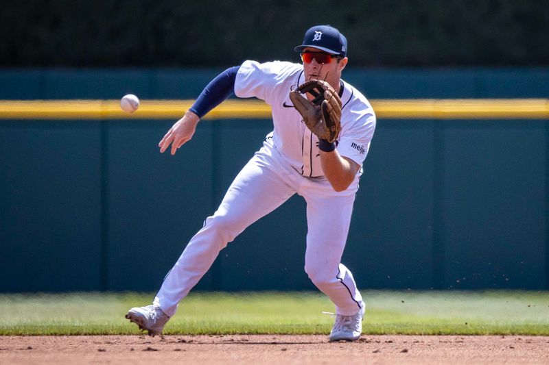 Apr 26, 2024; Detroit, Michigan, USA; Detroit Tigers second base Colt Keith (33) runs down a ground ball against the Kansas City Royals at Comerica Park. Mandatory Credit: David Reginek-USA TODAY Sports