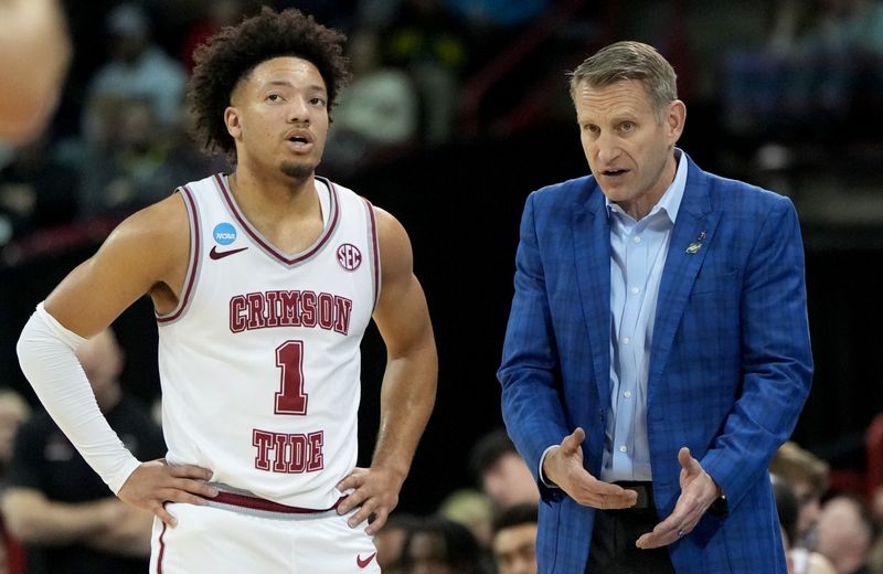 Mar 22, 2024; Spokane, WA, USA; Alabama Crimson Tide guard Mark Sears (1) talks to head coach Nate Oats during the second half in the first round of the 2024 NCAA Tournament at Spokane Veterans Memorial Arena. Mandatory Credit: Kirby Lee-USA TODAY Sports 
