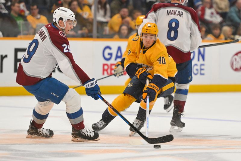 Dec 9, 2025; Nashville, Tennessee, USA;  Nashville Predators center Fedor Svechkiv (40) battles Colorado Avalanche center Nathan MacKinnon (29) for the puck during the second period at Bridgestone Arena. Mandatory Credit: Steve Roberts-Imagn Images