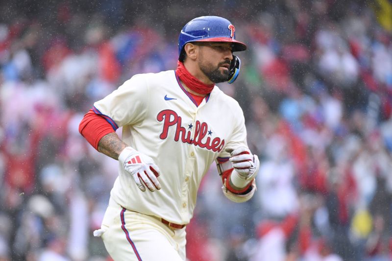 Apr 6, 2025; Philadelphia, Pennsylvania, USA; Philadelphia Phillies outfielder Nick Castellanos (8) reacts after hitting a grand slam during the third inning against the Los Angeles Dodgers home run at Citizens Bank Park. Mandatory Credit: Eric Hartline-Imagn Images