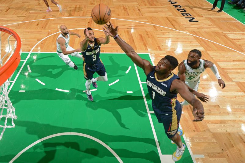 BOSTON, MA - JANUARY 29: Zion Williamson #1 of the New Orleans Pelicans rebounds during the game against the Boston Celtics on January 29, 2024 at the TD Garden in Boston, Massachusetts. NOTE TO USER: User expressly acknowledges and agrees that, by downloading and or using this photograph, User is consenting to the terms and conditions of the Getty Images License Agreement. Mandatory Copyright Notice: Copyright 2024 NBAE  (Photo by Brian Babineau/NBAE via Getty Images)