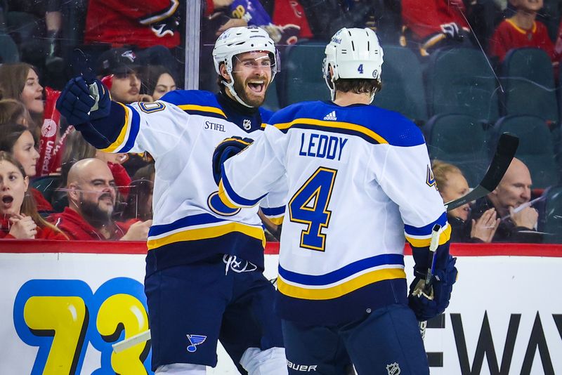 Jan 23, 2024; Calgary, Alberta, CAN; St. Louis Blues left wing Brandon Saad (20) celebrates his goal with teammates against the Calgary Flames during the second period at Scotiabank Saddledome. Mandatory Credit: Sergei Belski-USA TODAY Sports