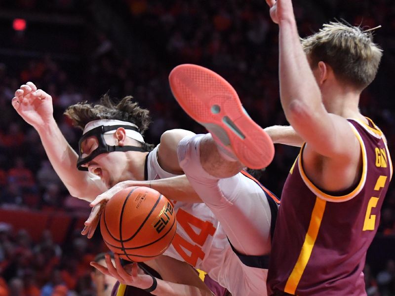Jan 17, 2026; Champaign, Illinois, USA;  Illinois Fighting Illini forward Zvonimir Ivisic (44) grabs a rebound in front of Minnesota Golden Gophers guard Grayson Grove (2) during the first half at State Farm Center. Mandatory Credit: Ron Johnson-Imagn Images