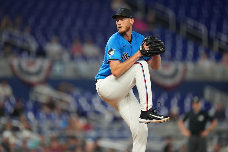 Apr 3, 2024; Miami, Florida, USA; Miami Marlins starting pitcher A.J. Puk (35) pitches in the first inning against the Los Angeles Angels at loanDepot Park. Mandatory Credit: Jim Rassol-USA TODAY Sports